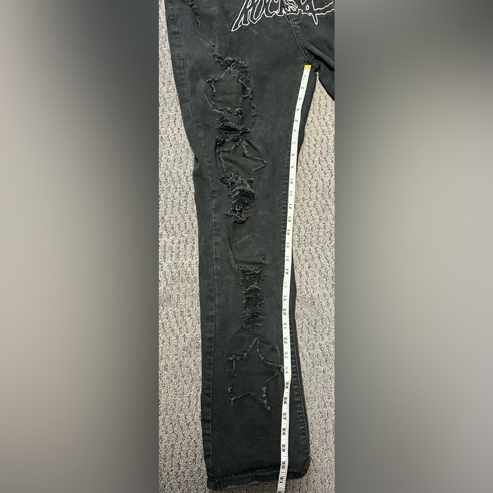 Black Rockstar Distressed Baggy Denim Men’s Jeans with Star Patches Size 40 - Picture 9 of 16